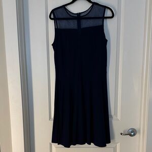 Elegant Navy Mesh Detail Midi Dress